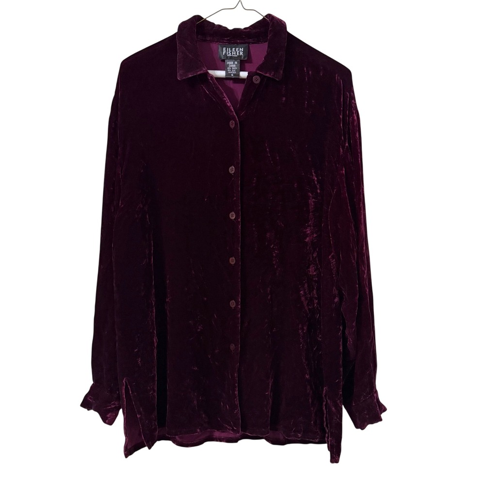 Eileen Fisher Silk Blnd Velvet Button Down Top S Burgundy Whimsigoth Goth Flawed